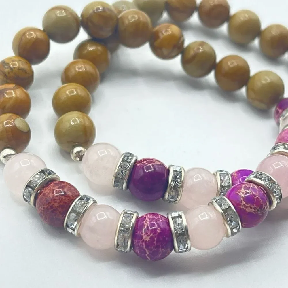 Rose quartz rose imperial jasper wood grain beaded stretch bracelet ONE NEW crys